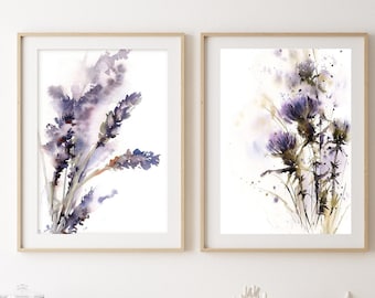 Lavender Floral Painting, Watercolor Prints, Living Room Decor, Set of 2 Fine Art Prints, Giclee Art Prints, Fine Reproduction, Large Sizes