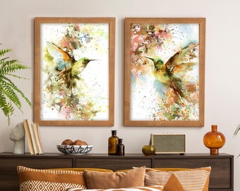 Tropical Bird Wall Art Prints, Hummingbird Painting, Watercolor Prints, Set of 2 Fine Art Prints, Colorful Exotic Birds Wall Decor, Bird Art