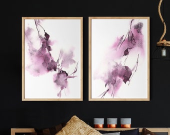 Pink Floral Prints, Abstract Floral Art, Leaf Painting, Set of 2 Prints, Watercolor Flowers, Botanical Wall Art Print, Abstract Nature Print