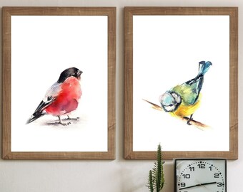 Juego de 2 impresiones artísticas de pájaros camachuelo y carbonero, acuarelas de aves de CanotStopPainting