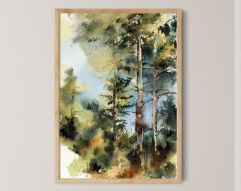 Forest Pine Trees Watercolor Painting, Nature Art Print, Green Forest Home Decor, Forest Painting, Nature Wall Decor Art Print Landscape