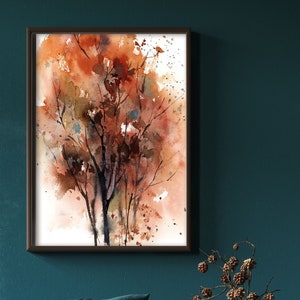 Autumn Trees In Burnt Orange, Abstract Watercolor, Nature Painting, Decor, Forest Wall Art, Fall Landscape Painting, Boho Wall Art Print