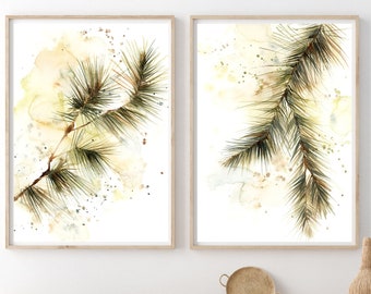 Dennenboomtak 2 fine-art prints set, groene takken aquarel schilderijen, groen muur decor, bosrijke muur kunst, pijnboom kunstafdrukken
