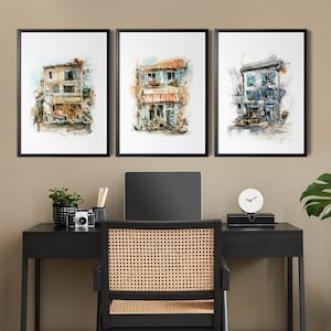 European Houses Watercolor Paintings 3 Pieces Wall Fine Art Prints, Architecture Travel Prints, Europe City Scene Set of 3 Fine Art Prints