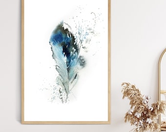 Minimalist Blue Feather Fine Art Print, Feathers Celestial Watercolor Painting Wall Decor