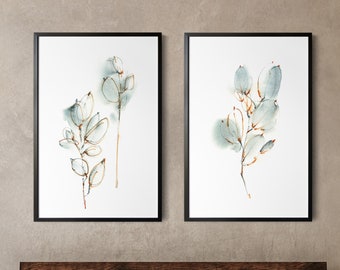 Leaf Watercolor Prints Set of 2 Pieces Wall Art Decor, Sage Green Leaves Painting, Botanical Wall Prints Set, Living Room Large Fine Prints