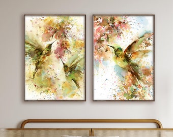 Juego de 2 impresiones artísticas de colibríes, impresiones de acuarela de pájaros, pinturas de colibríes, arte mural de pájaros en colores brillantes, decoración de pared tropical