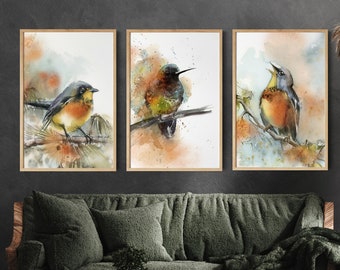 Gallery Wall Bird Wall Prints Set de 3, Aves del bosque, Arte de acuarela de aves, Decoración de paredes de bosques, Conjunto de 3 piezas de impresiones de bellas artes, pinturas de aves