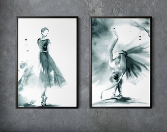 Ballerina 2 Fine Art Prints Set in Teal Colors, Ballet Dancer Watercolor Painting Wall Decor, 2 Prints Wall Art