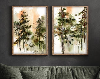 Forest Wall Art, Spruce Trees Paintings 2 Fine Prints Set, Nature Watercolor Art, Landscape Living Room Wall Decor, Woodland Forest Prints