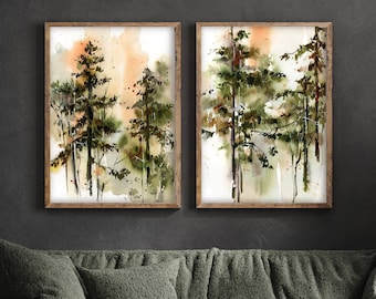 Set di 2 stampe artistiche Pine Forest, decorazione murale con acquerello di alberi verdi, decorazione murale con motivi boschivi