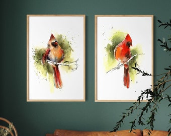 Set of 2 Red Cardinal Fine Art Prints, Bird Prints Wall Art, Holiday Wall Decor, Cardinal Watercolor Paintings, Christmas Art Prints Gift