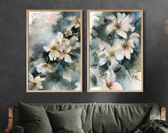 Almond Blossoms 2 Fine Art Prints, Floral Teal Watercolor Prints, Gallery Wall Set, Blooming Tree Flowers Painting, Spring Wall Decor Prints