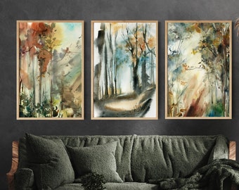 Forest Wall Prints Set of 3, Trees Watercolor Painting, Landscape Art, Autumn Nature Wall Decor, Woodland Wall Art 3 Fine Art Prints Set