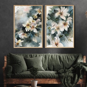 Almond Blossoms 2 Fine Art Prints, Floral Teal Watercolor Prints, Gallery Wall Set, Blooming Tree Flowers Painting, Spring Wall Decor Prints