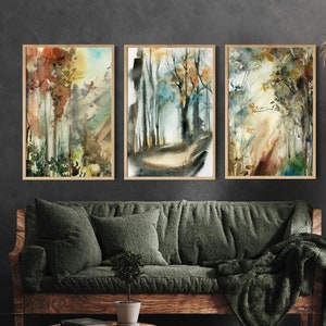 Forest Wall Prints Set of 3, Trees Watercolor Painting, Landscape Art, Autumn Nature Wall Decor, Woodland Wall Art 3 Fine Art Prints Set