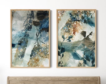 Abstract Botanical Painting 2 Prints Set, Wall Gallery set of 2 Fine Art Prints, Teal Amber Abstract Watercolor Art, Large Prints Wall Art