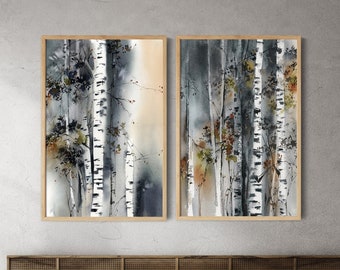 Berkenbos 2 stuks muurafdrukken natuur, kunstafdrukken natuur, berkenschilderijen, natuurhuisdecor, muurdecoratie bos, bosmuurkunst