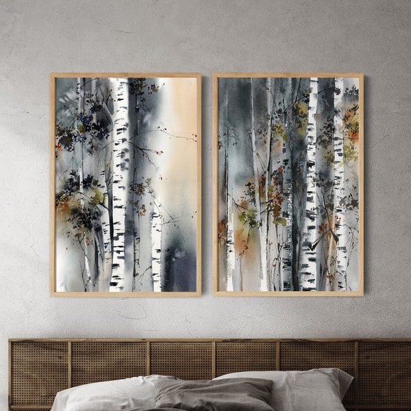 Forest 2 Pieces Wall Art, Nature Fine Art Prints, Birch Trees Paintings, Nature Landscape Home Decor, Forest Wall Decor, Woodland Wall Art