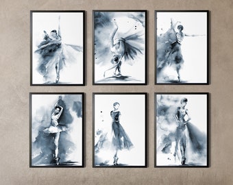 Dipinti ad acquerello di ballerina, set di 6 stampe d'arte da parete della galleria, arte della ballerina blu, stampe ad acquerello, decorazione da parete di balletto, set di stampe di ballerine