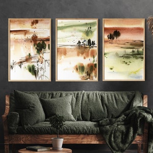 Landscapes 3 Prints Set, Abstract Nature Paintings, Watercolor Art, Set of 3 Fine Art Prints, Earthy Greens Living Room Wall Decor Prints