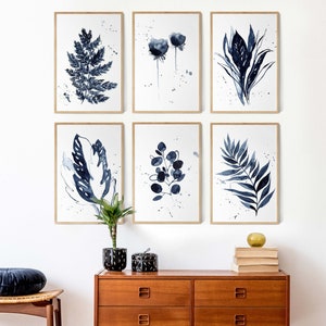 Gallery Wall Set of 6 Navy Blue Leaf and Flowers Prints, Inky Blue Watercolor Painting, Botanical Tropical Plants Wall Decor, Art Prints Set