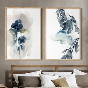 Blau Botanische 2 Kunst Pints Galerie Wanddekoration, Florale Blaue Aquarell Gemälde Kunst, Abstrakte Wanddekor Drucke, 2 Kunstdrucke Über dem Bett