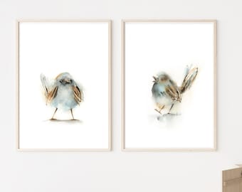 Set de 2 impresiones artísticas minimalistas de pájaros pequeños, acuarelas de pájaros en colores pastel