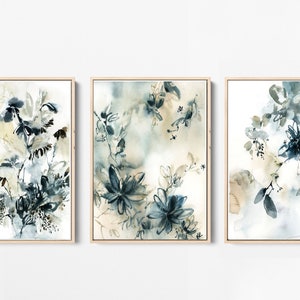 Abstract Botanical 3 Art Prints Set Teal Floral Leaves - Etsy