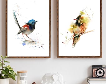 鳥の水彩画2枚セット、ミソサザイとハチドリ、壁飾り、鳥の絵画アート