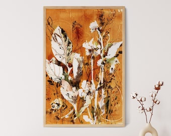 Abstrakte botanische Malerei, Gebrannte Orange Wandbild, Kräuter und Blätter Kunst, Kunstdruck, Boho Wand-Dekor, Abstrakte Pflanzen Wandkunst