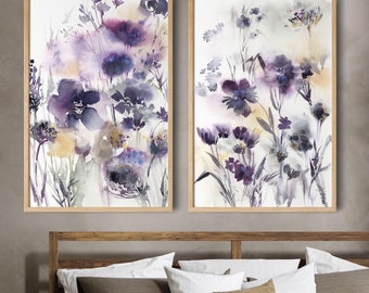 Impressões de parede florais abstratas, conjunto de impressões de aquarela roxa botânica, conjunto de parede de galeria de flores com 2 impressões de belas artes, decoração de parede para quarto de menina