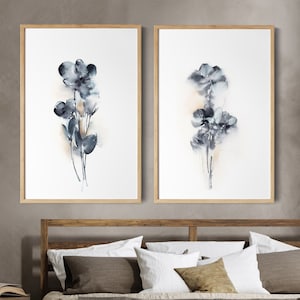 Blaue Wandkunst 2 Stücke Galeriewand der abstrakten Blumen Aquarellgemälde, Blumenaquarellkunst, neutrale Boho-Wand-Dekor-Innenraum-Kunst