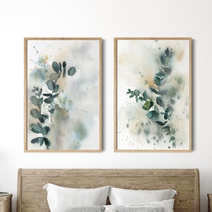 Eucalyptus Print Set, Watercolor Leaf Print, Greenery Watercolor Painting, Set of 2 Botanical Green Art Prints, Gallery Wall Bedroom Decor