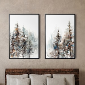 Forest 2 Prints Set, Nature Landscape Watercolor Art, Pine Trees Painting, Set of 2 Fine Art Prints, Woodland Landscape Living Room Decor