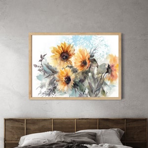 Sunflowers Painting, Wall Art Print, Yellow Flowers Watercolor Print, Botanical Floral Wall Art Decor, Large Wall Art, Living Room Decor