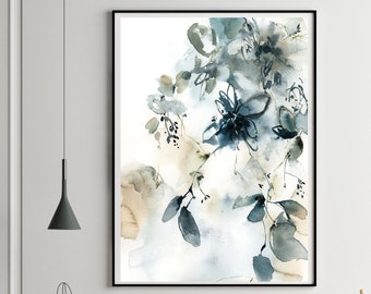 Abstract Florals Art Print, Teal Wall Art Decor, Flowers Watercolor Painting, Botanical Wall Art Print, Fine Art Print, Bedroom Wall Decor