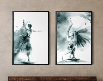 Ballerina Painting Set of 2 Fine Art Prints in Muted Teal, Dance Ballet Watercolor Prints Wall Decor