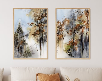 Forest Paintings 2 Pieces Wall Art Prints, Nature Art Set of 2, Abstract Landscape Nature Art Tree Painting Decor, Woodland Living Room Art
