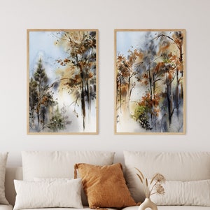 Forest Paintings 2 Pieces Wall Art Prints, Nature Art Set of 2, Abstract Landscape Nature Art Tree Painting Decor, Woodland Living Room Art