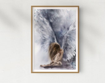 Angel Painting, Angel Wall Art, Angel Wings Painting, Woman Angel Watercolor, Spiritual Wall Art Print, Abstract Angel Figure Art