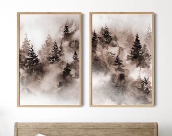 Juego de 2 impresiones de montañas y bosque de pinos, impresiones de acuarela de paisajes, pintura de pinos, juego de 2 impresiones de bellas artes, arte de decoración de pared de bosques