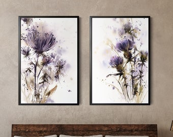 Wild Flowers Prints 2 Pieces Gallery Wall Set, Purple Wall Art, Floral Watercolor Art, Living Room Decor, Purple Flowers Paintings Art