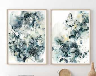 Teal Abstract Painting, 2 Fine Art Prints Set, Florals and Leaves Watercolor Painting, Abstract Botanical Wall Decor Set of 2 Giclée Prints