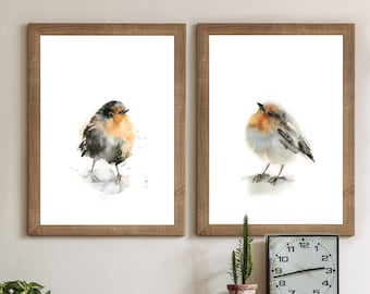 Set de 2 impresiones artísticas de petirrojos - Pinturas de acuarela de aves para galería de pared