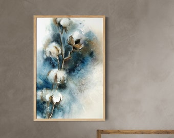 Cotton Flowers Fine Art Print, Turquoise Abstract Floral Painting, Botanical Wall Decor, Watercolor Art, Cotton Buds Bedroom Wall Print