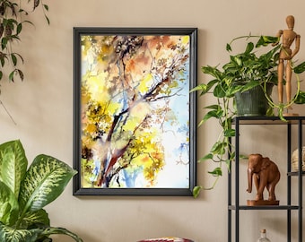 Impresión artística de un árbol colorido: acuarela de un bosque de verano, decoración de pared natural.