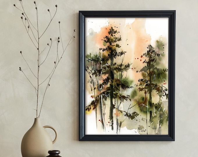 Spruce Trees Painting Green Forest Watercolor Art Print Woodland ...