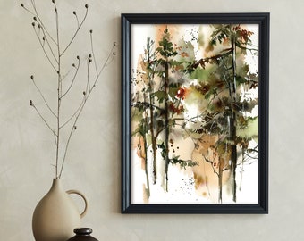 Pine Trees Forest Art Print, Evergreen Trees Print, Forest Watercolor Painting, North Forest Woodland Wall Decor Nature Art