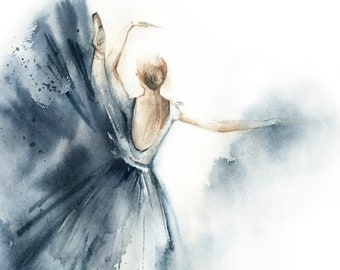 Ballerina Watercolor Print, Ballet Painting, Watercolor Ballet Wall Art, Dance Decor, Blue Fine Art Print, Ballet Wall Decor, Large Wall Art